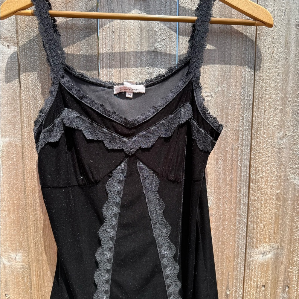 Black and Gray Lace Trim Tank Top with Spaghetti Straps